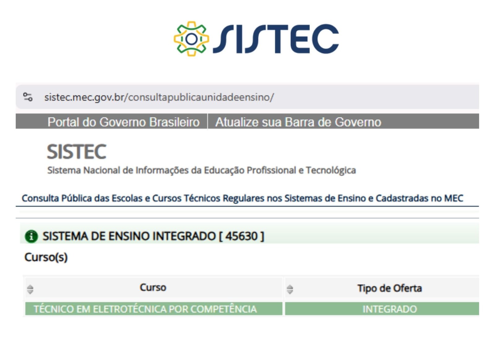 Consulta do registro no site do SISTEC/MEC